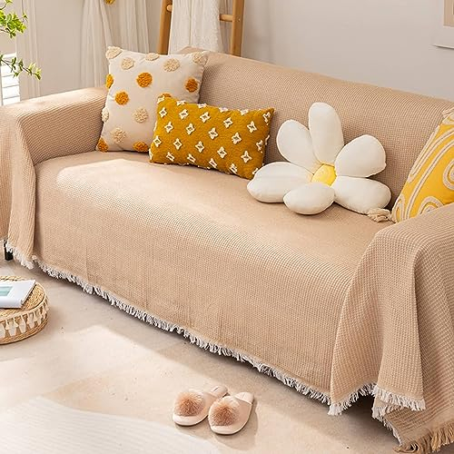 Sofa Bezug 90x210cm, Einfarbiges Gitter mit Quasten Couch Überzug 2 Sitzer Sofabezug Waschbar Khaki Sofabezug für Wohnlandschaft