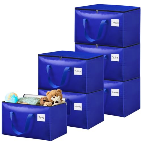 Withosent 100L Borsa Portaoggetti Grande, 6 Pezzi Impermeabile Borse di Stoccaggio Trasloco con Cerniera e Maniglia, Pieghevole Scatole Armadio Viaggio per Vestiti, Coperte, Trapunte, Blu