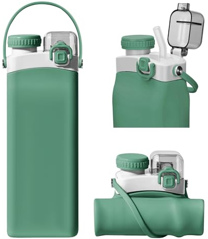 Nefeeko Collapsible Water Bottles, 600ml Silicone Reusable Water Bottle with Straw and Strap, Leakproof Foldable Sports Water Bottle for Travel Camping Running Hiking Gym, BPA Free (Green)