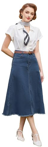 Damen Elegante High Waist Röcke Retro A-Linie Flared Rock Jeansrock mit Farbverlauf A-Linie Rock mit Hohe Taille Denim Blau L