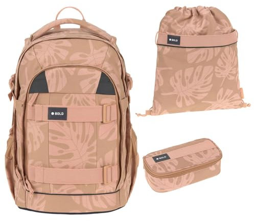 Lässig Bold Origin Schulrucksack-Set 3tlg mit Schlamperbox und Turnbeutel (Leaves Caramel)
