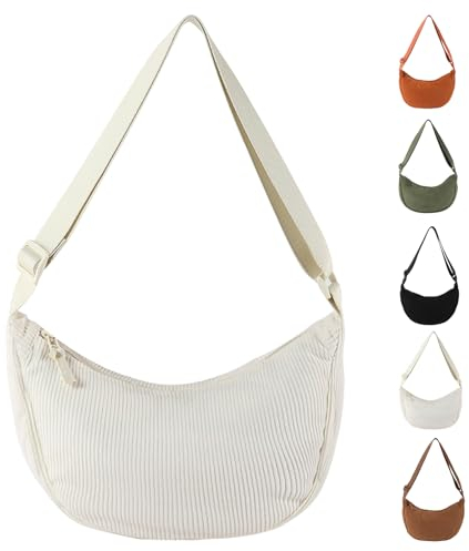 Uwiyo Halbmond Tasche Damen Cord Crossbody Moon Bag Hobo Halfmoon Bag Halbmond Umhängetasche Dumpling Schultertasche mit verstellbarem Gurt für Damen Mädchen (Cremefarben)