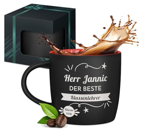 Maverton schwarzer Keramik Kaffeebecher 400ml mit Gravur, Kaffeetasse | Kaffeebecher aus Matt Keramik mit Henkel, Trinkbecher Männer zum Geburtstag zu Weihnachten, matt schwarz, Innen rot, Lehrer