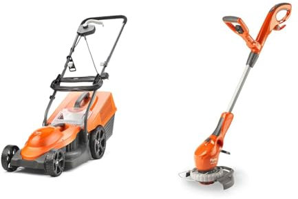 Flymo SimpliMow 320V Wheeled Electric Lawnmower - 1300 W Motor, 32 cm Cutting Width, 30 Litre Grass & Contour 500E Electric Grass Trimmer and Edger, 500 W, Cutting Width 25 cm, Orange