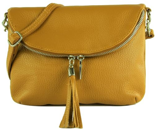 modamoda de T07L / T139L Damen Leder kleine Umhängetasche 2 Modelle handmade in Italy, Farbe:Senfgelb