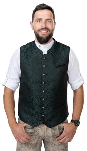 Schöneberger Trachten Couture Gilet tradizionale da uomo verde scuro, pantaloni in pelle, giacca in loden per Oktoberfest, gilet jacquard Bastian, Verde scuro, 60