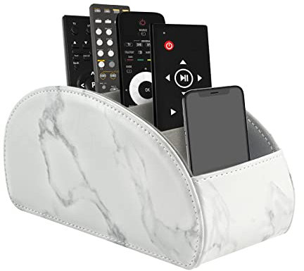 WAYIFON Fernbedienungshalter mit 5 Taschen, Große Halterung für TV, DVD,4K Stick und Bluray Fernbedienungen, Fernbedienung Aufbewahrung für Stifte,L-Marmor Weiß