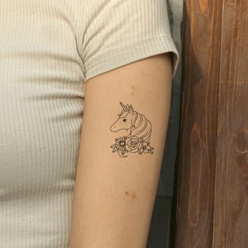 Faux Tatouage LICORNE - Temporalis® | Tatouage Ephemere Femme et Homme – Cosmétique Certifié UE, Encre Vegan & Waterproof – Dure 1 à 2 semaines [ Tattoo Licorne florale ]