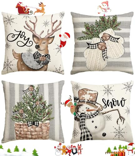 jutyum 4 Stück Weihnachtskissenbezug Rentier/Schneemann/Handschuhe/Holly für Weihnachtskissen, Kissenbezüge Dekokissen Leinen Kissenhüllen, Weihnachtskissenbezug (4PCS/Weiß)
