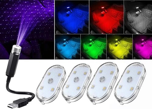 4 Pcs Luci Interne Per RGB Auto+LED Atmosfera da Tetto Light Proiettore a Stella,Luce Touch a Led 7 Colori Regolabile Ricaricabile Usb Auto Senza Fili Accessori Illuminazione Ambientale Interna