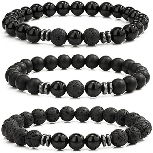 LOCCY Perlenarmband Herren, 3 Stück 8mm Perlenarmbänder Set Stretch Tigerauge Armband Lavastein Perlen Armband für Männer Fraun für Geburtstag Vatertag Weihnachten Geschenke (Schwarz+Lavastein)