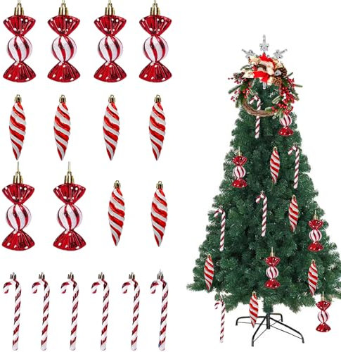 Weihnachtsbaumschmuck 18 Stück Weihnachtsbaum Anhänger,Weihnachtskugeln Zuckerstangen Weihnachten Deko Weihnachtsanhänger mit Kordel für Weihnachtsdekoration(Rot)