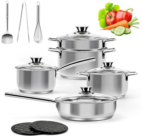 14-Piece Stainless Steel Pots and Pans Set, Induction Saucepan Set, Saucepan with Steamer & Glass Lids & Utensil Set, Bread Clip, Egg Beaters, Hot Pads, Spatulas, Suitable for All Stoves