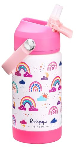 Rockpapa 14oz Kids Insulated Water Bottle with Straw, 18/8 Stainless Steel | BPA-Free, Leak Proof, Sturdy, Water Bottle for School Boys Girls (White Rainbow)