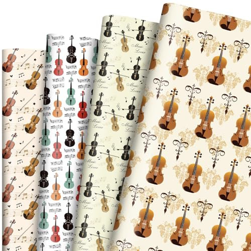 Geschenkpapier für Violine, 12 Blatt, Musik-Geschenkpapier, Geschenkpapier mit Violinen-Motiv, Instrumen, Geschenkverpackungszubehör für Musikparty, Geburtstag, 50,8 x 71,1 cm