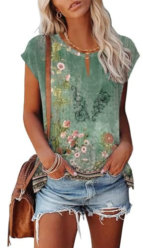 Tanmolo Damen T-Shirt Oberteile Top Sommer mit Flügelärmeln & Metallring-V-Ausschnitt Elegant Casual Shirt Bluse für Freizeit und Alltag Grün-Blumen, XXL