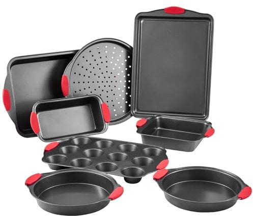 VEVOR Baking Pans Set, 8-Piece, Nonstick Carbon Steel Cookware Sheets & Trays, Stackable Kitchen Oven Bakeware Cooking Sets with Silicone Handles, Easy to Clean, for Baking Cookie Cake Muffin Bread