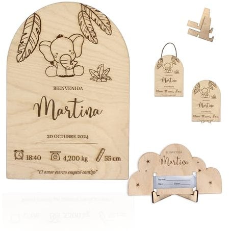 ayurvana Lámina Natalicio de Madera Personalizada - Cuadro de Nacimiento con Nombre - Regalo para Recién Nacidos y Baby Shower - Decoración Habitación Bebé con Soporte para Brazalete (ELEFANTE)