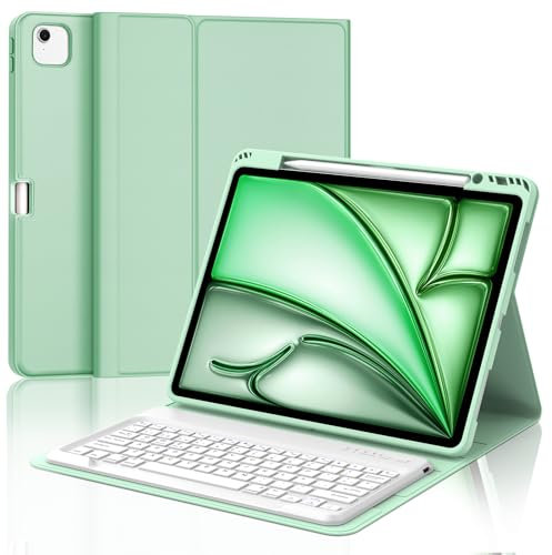 WAVATA Funda con Teclado para iPad Air 13'' M3 2025/ M2 2024, Español Ñ Tecla para Air 13'', Teclado Bluetooth Desmontable para iPad Pro 12.9 (3rd/4th/5th/6th Gen), Verde Claro