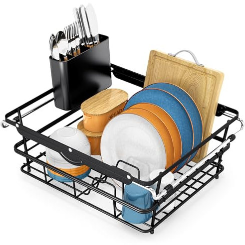 Urackify Dish Drainer Rack In Sink - Large Capacity Dish Drying Rack Over the Sink, Sink Dish Rack with Utensil Holder for Kitchen Counter, 15.08-22.13 x 12.87 x 6.1, Black