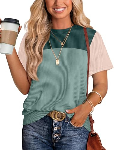 WIHOLL Womens Tops for Women Fashion 2025 Color Block Shirts Short Sleeve Crewneck Knitted Ladies Tops 18-20 Beige Green XL