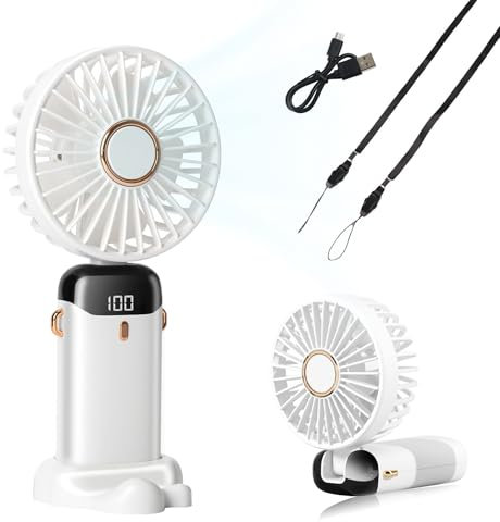 Hifot Mini Ventilador de Mano Silencioso Ventilador Recargable Portátil USB 5 Velocidades 3 en 1 Pequeño Escritorio Plegable 90° con Cuerda para Cuello para Oficina, Viajes Viajes Blanco
