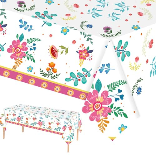 MORAINJAY Tea Party Tablecloth,137x274cm Floral Table Cloth,Reusable Plastic Table Cover,Floral Birthday Table Decorations,Paper Dinnerware Set for Wedding,Afternoon Tea Party Supplies