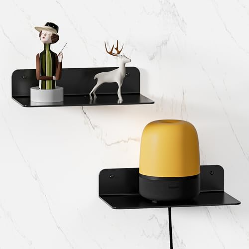Wisfame Estantería de Pared Juego de 2, 23cm Baldas Pared sin Agujeros, Baldas Flotantes de Aluminio, Repisa Adhesiva para Baño, Salón, Dormitorio, Cocina, con Orificios para Cables (Negro)