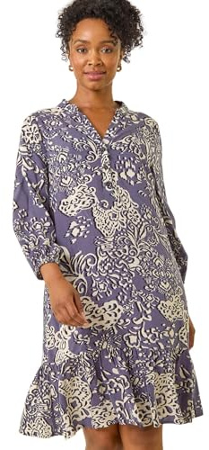 Roman Petite Ikat Print Tiered Hem Dress for Women UK - Ladies Everyday Autumn Winter V-Neckline Comfy Soft Evening Vacation Work Party Night Out - Grey - Size 16
