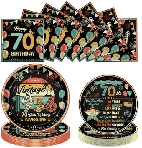 Luvart 70th Birthday Plates and Napkins Party Decorations, 72PCS Vintage Happy 1956 Birthday Tableware Set, 70 Year Old Birthday's Party Decor Supplies for Women Men 24 Guests