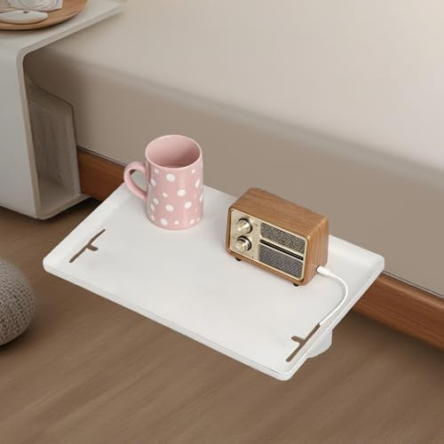Astralong Clip-On Bedside Shelf Organizer for Top Bunk - ABS Bed Side Nightstand Table Tray Storage with Cable Slots & T-Shaped Organizer Multifunctional Dorm Room Table Caddy, 12.6x9.25 inches