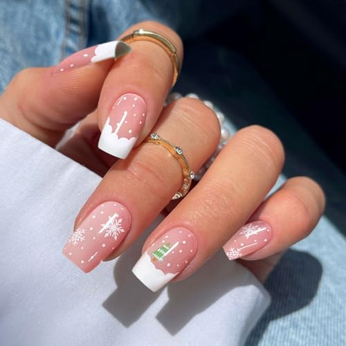 JMEOWIO Gel Nail Stickers Christmas Snowflake French Tip Semi Cured Gel Nail Strips Wraps UV/LED Nails Art Design Decoration Accessories
