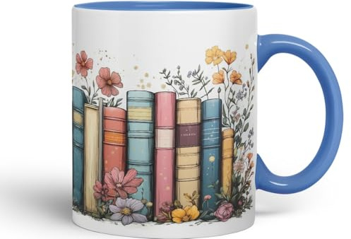 Vixar Floral Bookshelf Coloured Ceramic Mug Cup Gift, 11oz (C Blue)