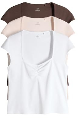 THE SET Damen Geraffte T-Shirts mit eckigem Ausschnitt und Spitzendetails, 3er-Pack