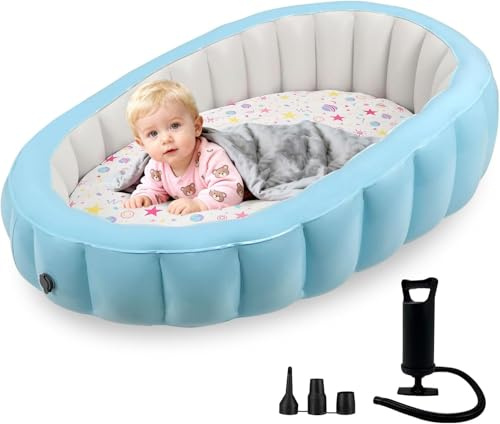 Aufblasbares Kleinkindbett mit Abnehmbarem Baumwollbezug, Tragbare Kleinkind-Reise-Luftmatratze für Kinder, Weiche und Waschbare Bodenmatratze für Camping, Autofahrten, Zuhause & Fliegen, Blau