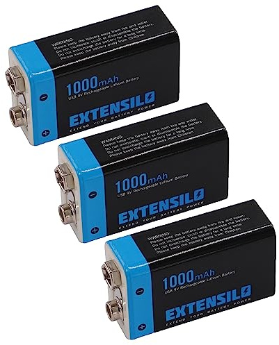 EXTENSILO 3x 9V Block Batteries compatible with Daitem SP 150-21X - 03/07 (1 Ah, 9 V, Li-Ion) Ready-To-Use with Micro USB Port