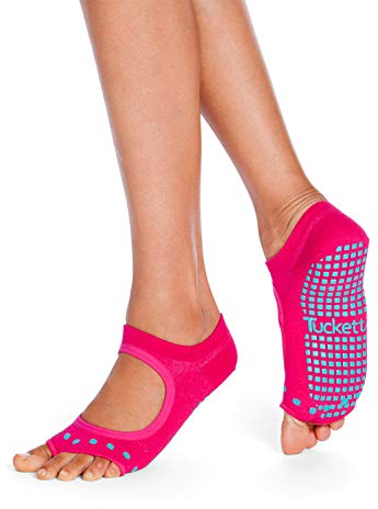 Tucketts Yoga Socken Stoppersocken Damen anti Rutsch Abs Socken, Toeless rutschfeste für Pilates, Barre, Studio, Bikram, Ballett, Tan - Allegro Stil (Magenta Cacti)