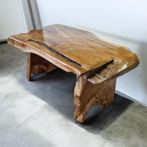 Wurzelholz Couchtisch SALAVAN - 51x135x77cm Wohnzimmertisch aus massivem Teak Holz im rustikalen Landhausstil, geeignet für Wohnzimmer, Wintergarten oder als Kaffeetisch
