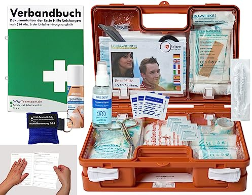 Verbandskoffer/Verbandskasten (K) Typ CSN - Erste Hilfe nach aktueller DIN 13157 für Betriebe -DSGVO- INKL. PERFORIERTEM VERBANDBUCH + Hygiene-Gel, Sprühpflaster & Notfallbeatmung
