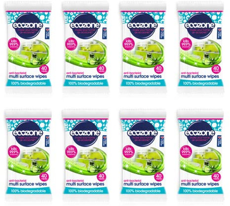 EcoZone Anti-Bacterial Multi Surface Wipes, 8 Packs of Biodegradable & Alcohol Free Anti Bac Cloths, Kills 99% of Bacteria, Vegan & Cruelty-Free Natural Eco Friendly Plant Fibres (320 Wipes, Bulk Buy)
