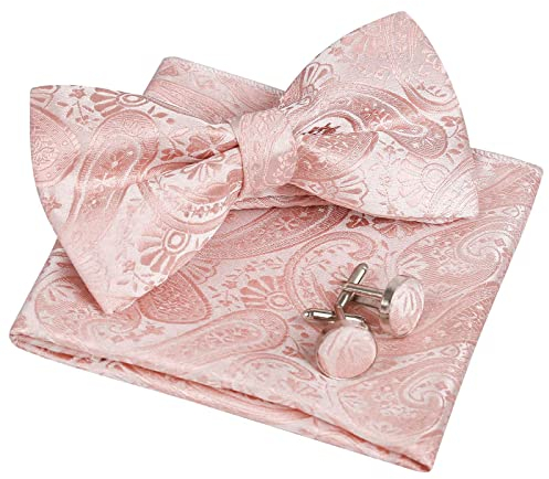 Alizeal Herren Classic Paisley Fliege, Hanky und Manschettenknöpfe Set, Rosa