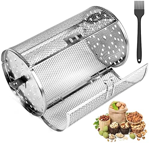 Rotisserie Basket for Tower Air Fryer Stainless Steel Grill Roaster Drum with Oil Brush Air Fryer Basket Accessories Oven Round Rack Cage 360° Rotating Frying Basket for Peanuts Coffee Beans BBQ