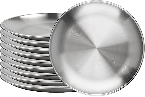 ZOENHOU 10 Pcs 20cm Stainless Steel Dinner Plates, Round Serving Platter Plates Dishes, Rust Resistant Silver Metal Plates for Camping, Barbecue, Picnics, and Outdoor Use