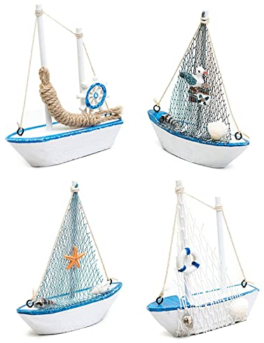 HomeSoGood 4-teiliges Mini-Segelboot-Modell, 11,9 x 14,9 cm, Miniatur-Segelboot-Set, Holzstrand, nautisches Design, Marine-Dekoration