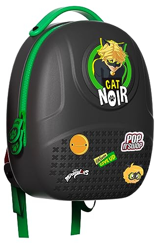 Miraculous Ladybug - Pop n' Swop -Sac à dos avec poignée, 6 badges à clipser et fermeture éclair, sac imperméable léger et durable avec sangles réglables (Noir - Chat Noir)