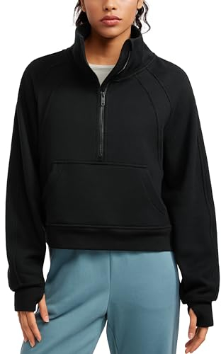 CRZ YOGA Damen Fleece Gefüttert Sweatshirt 1/2 Reißverschluss Pullover mit Taschen Winter Rollkragenpullover mit Daumenloch Schwarz 40