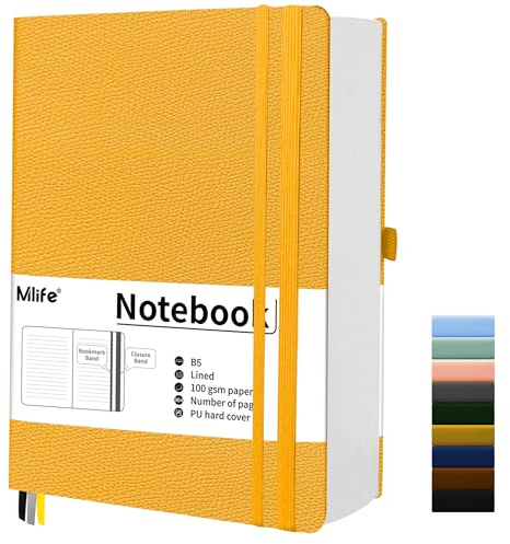 Mlife Notizbuch B5 Liniert,360 Seiten Und 100g/M² Tintenfestes Papier,PU Hard Cover Notebook,Hardcover Collegebloc,Tagebuch für Erwachsene,Notizbücher Mit Falttasche für Bullet Journal&Journals(Gelb)