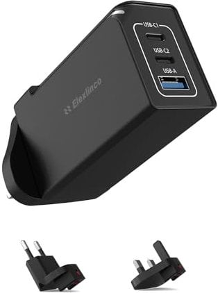 65W USB C Plug, Elexlinco GaN II Fast Charger, 3-Port USB C Charger Plug with UK, US, EU Travel Adapter, Compatible with MacBook Pro/Air, HP Laptops, iPad, iPhone 15/Pro/Max, Galaxy S24/S23 and More