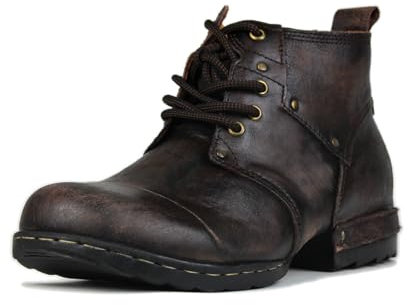 OSSTONE oscura Marrone retrò Design della punta in metallo per una maggiore resistenza agli urti Stivali da moto per uomo Caviglia camminare moda Lace-Up Pelle Chukka Stivali OS-6015-3-D-12-R