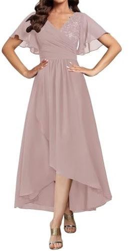 WSEYU Robes de mère de la mariée pour mariage longueur thé mousseline robe de soirée formelle haute basse, vieux rose, 48 plus